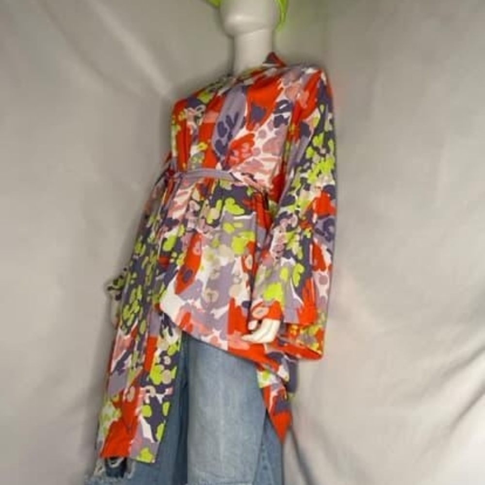 Vibrant Floral Kimono Top in Red, Purple & Lime